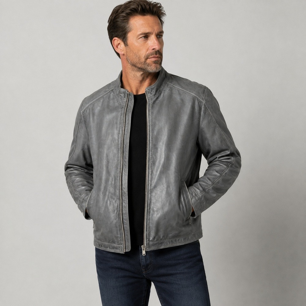Missani Le Collezioni Mens Grey Genuine Leather Cafe Racer Jacket Large